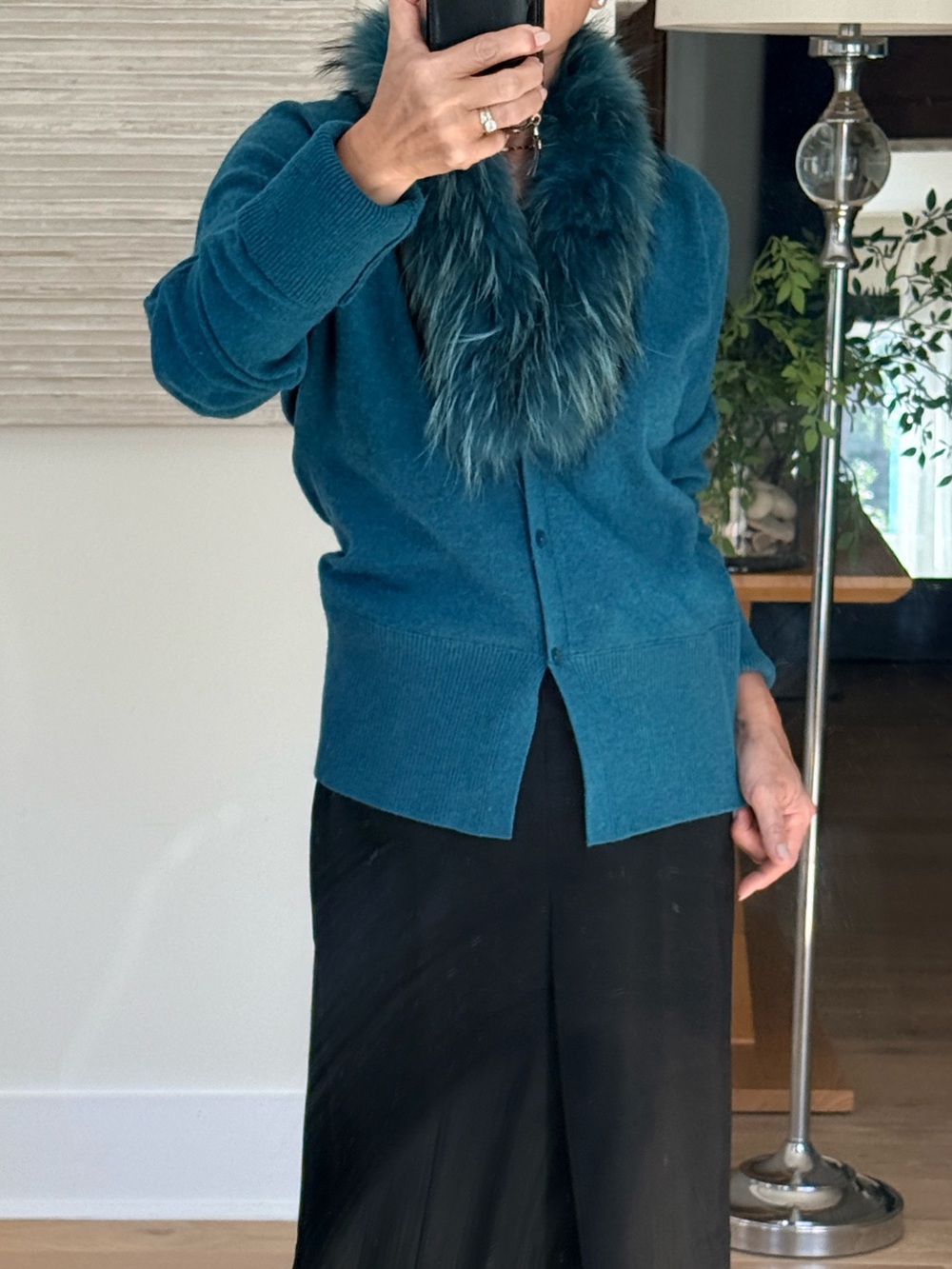 Luisa Cerano turquoise cardigan with detachable fur trim size 8